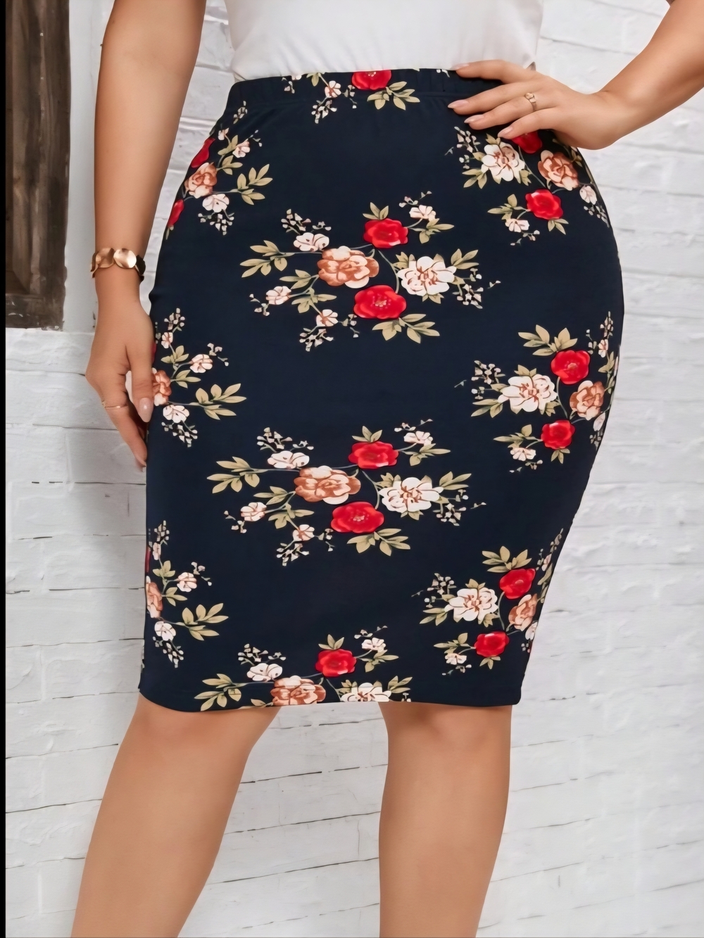 Navy Floral Pencil Skirt with Red and Cream Blooms